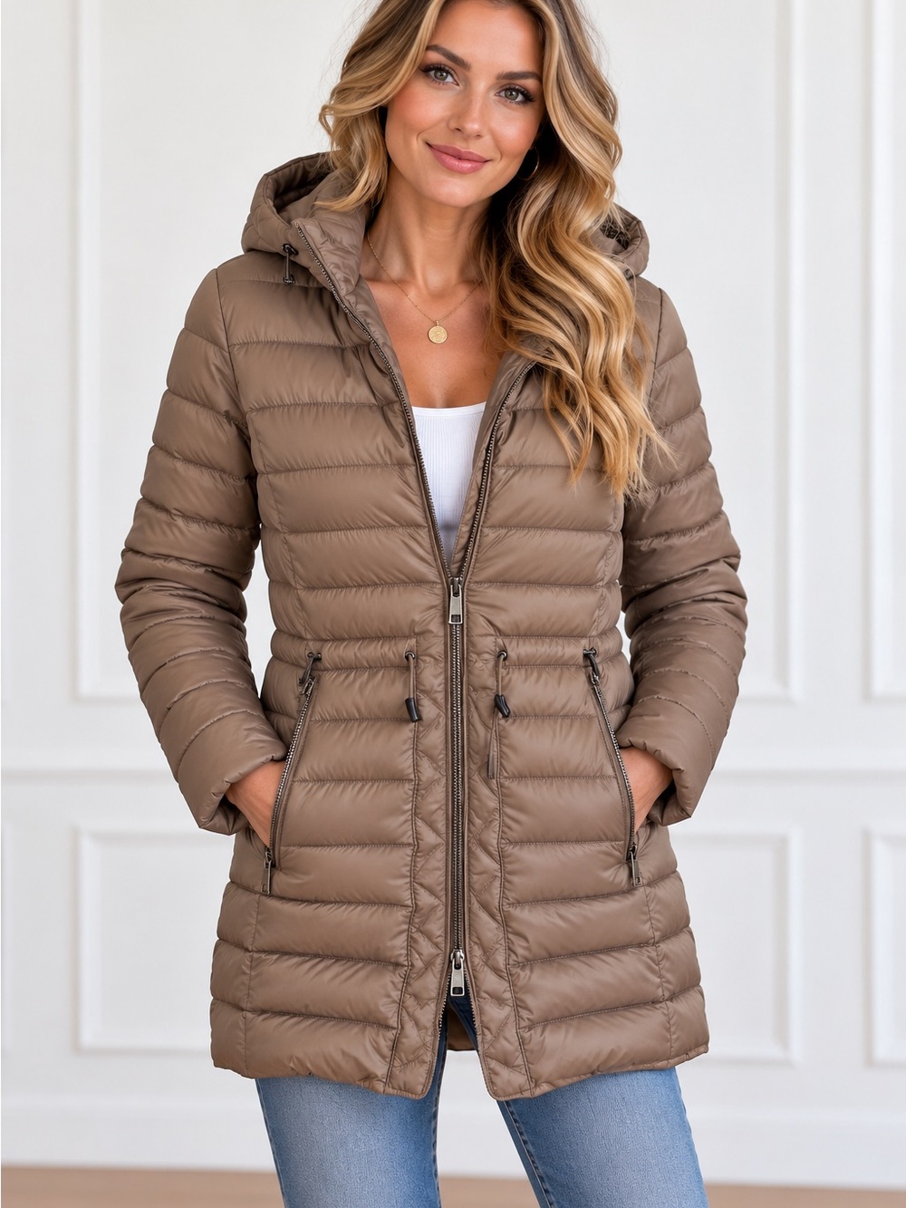 Kenneth Cole Taupe Quilted Hooded Puffer Coat Women Size Medium Winter Y2K
